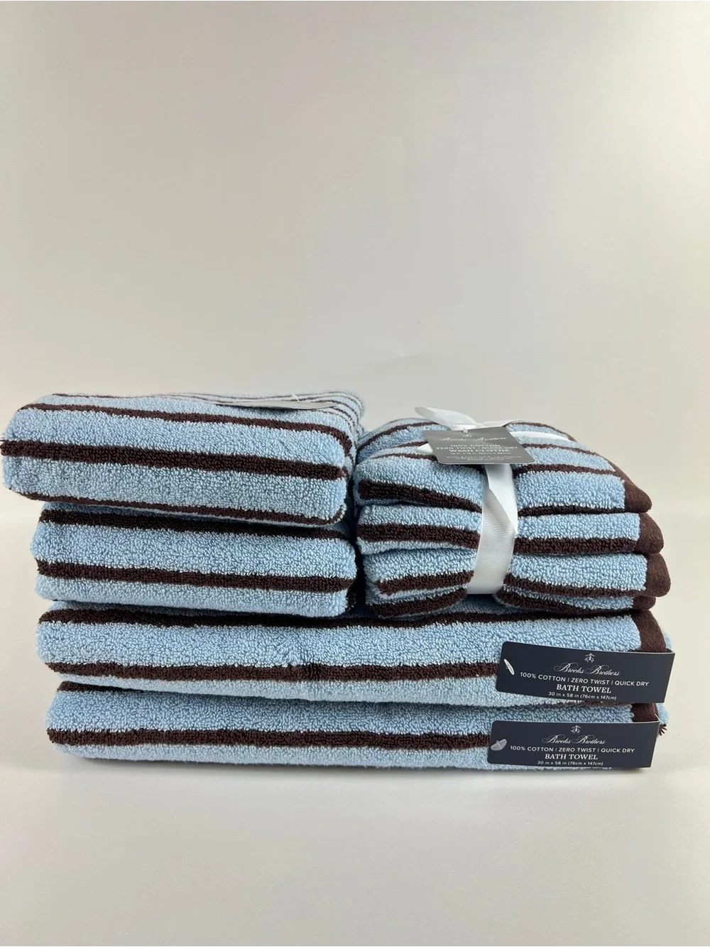 Brooks Brothers Bath Towel Set Blue Brown Stripe Soft Zero Twist Cotton 8 Pc NEW